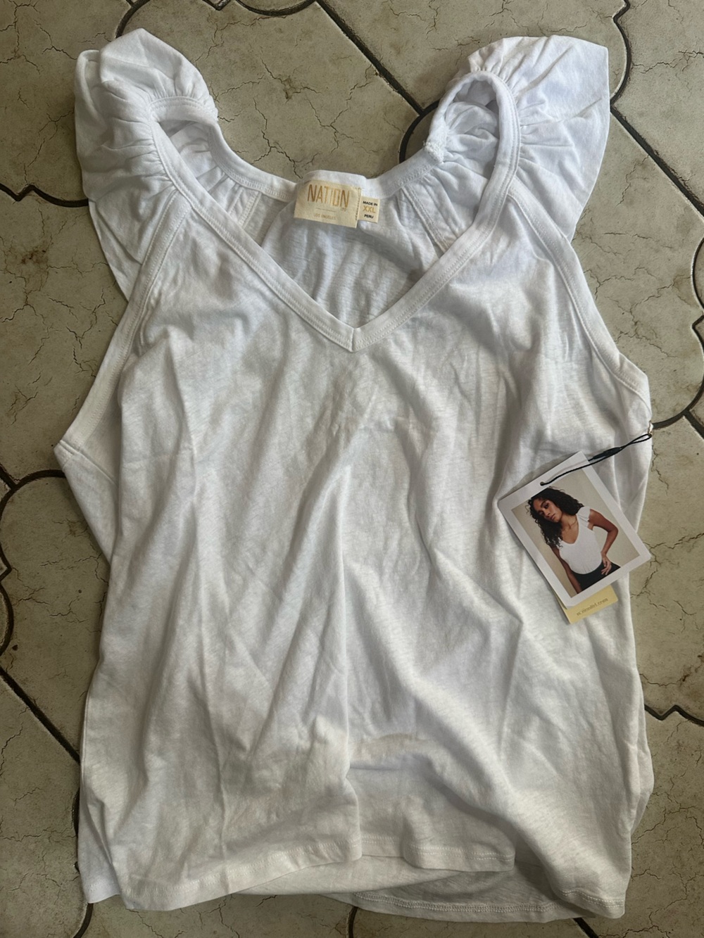 Nation Los Angeles White Ruffle Sleeve V-Neck Tank Top size XXL